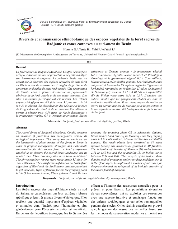 Diversité et connaissance ethnobotanique des espèces végétales de la forêt sacrée de Badjamè et zones connexes au sud-ouest du Bénin